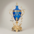 Baroque Lidded Trophy Urn – Cobalt Crystal Body with Scrollwork Brass Mounts — Gold