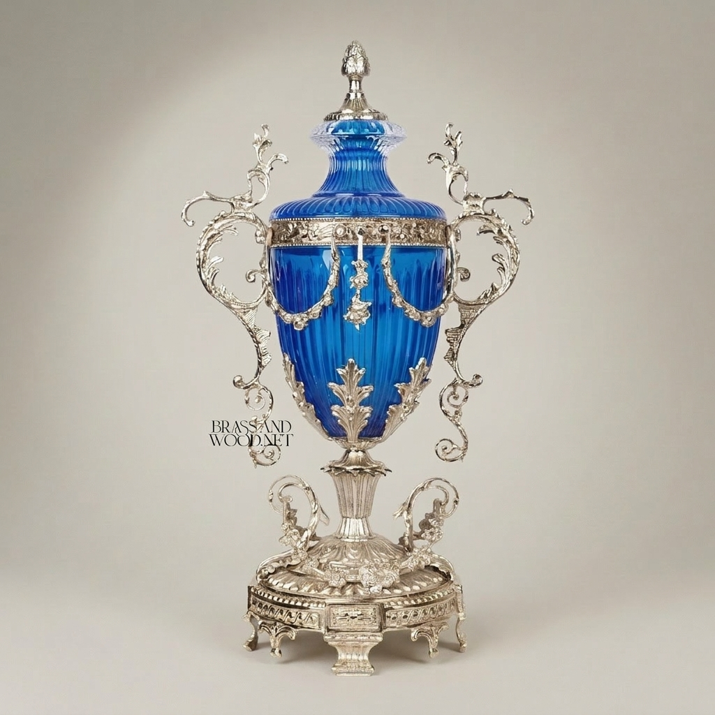 Baroque Lidded Trophy Urn – Cobalt Crystal Body with Scrollwork Brass Mounts — Silver