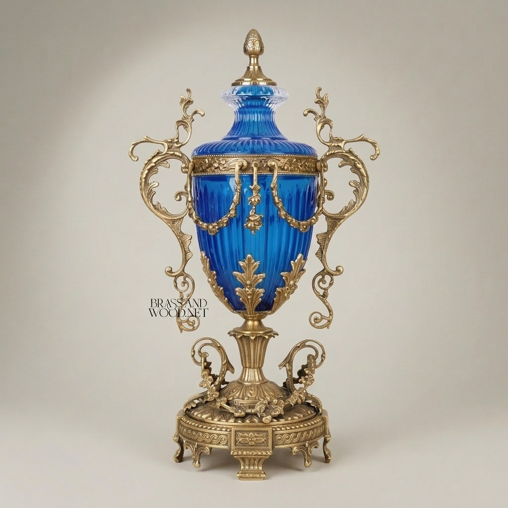 Baroque Lidded Trophy Urn – Cobalt Crystal Body with Scrollwork Brass Mounts — Antique Gold