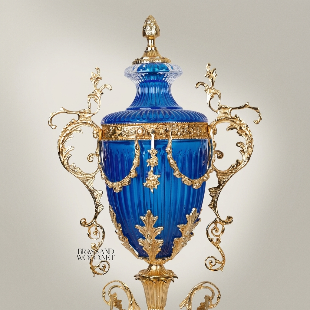 Baroque Lidded Trophy Urn – Cobalt Crystal Body with Scrollwork Brass Mounts — Gold