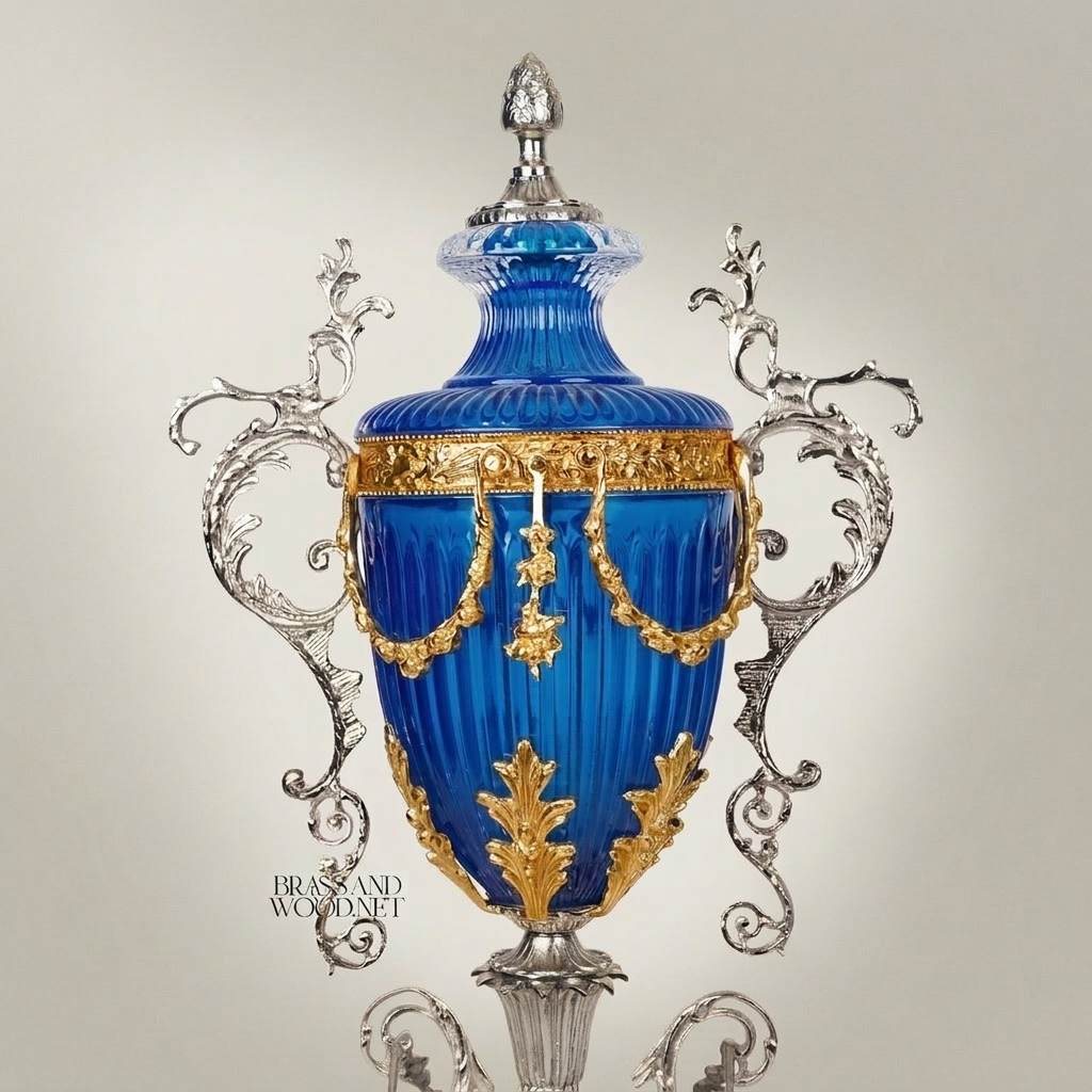 Baroque Lidded Trophy Urn – Cobalt Crystal Body with Scrollwork Brass Mounts — Silver