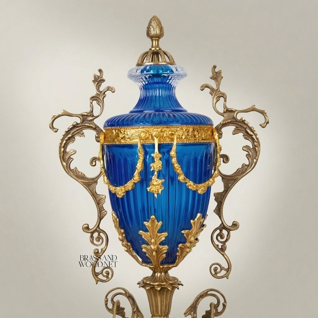 Baroque Lidded Trophy Urn – Cobalt Crystal Body with Scrollwork Brass Mounts — Antique Gold
