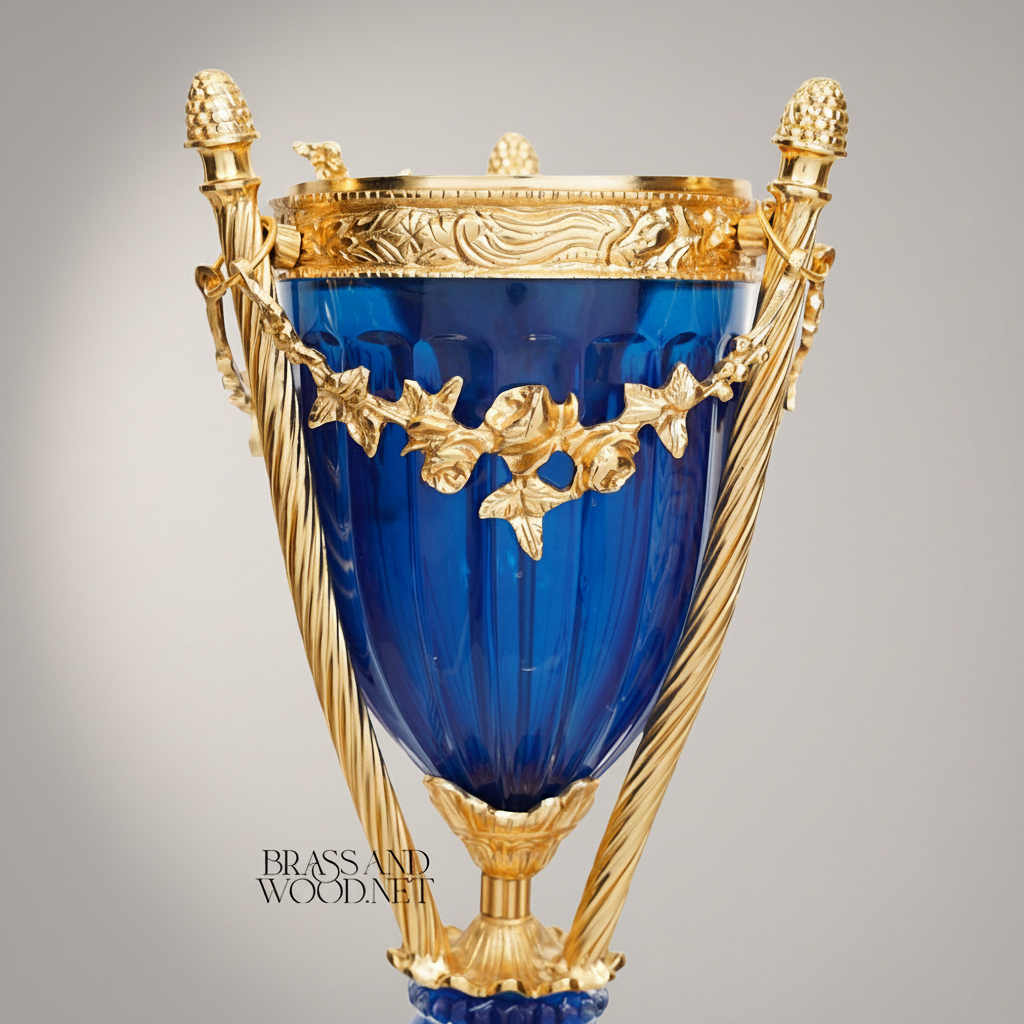 Neoclassical Cobalt Crystal Incense Burner with Foliate Brass Mounts & Tripod Stand