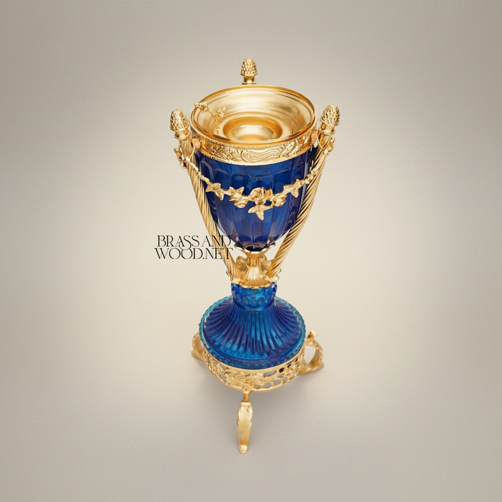 Neoclassical Cobalt Crystal Incense Burner with Foliate Brass Mounts & Tripod Stand