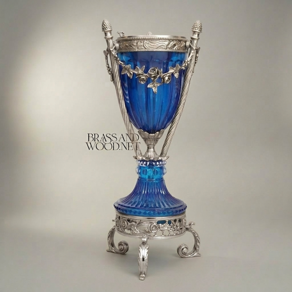 Neoclassical Cobalt Crystal Incense Burner with Foliate Brass Mounts & Tripod Stand — Silver