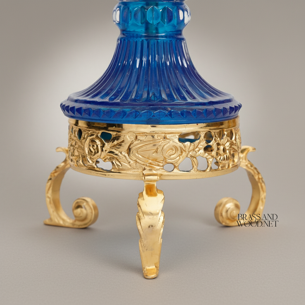 Neoclassical Cobalt Crystal Incense Burner with Foliate Brass Mounts & Tripod Stand — Gold