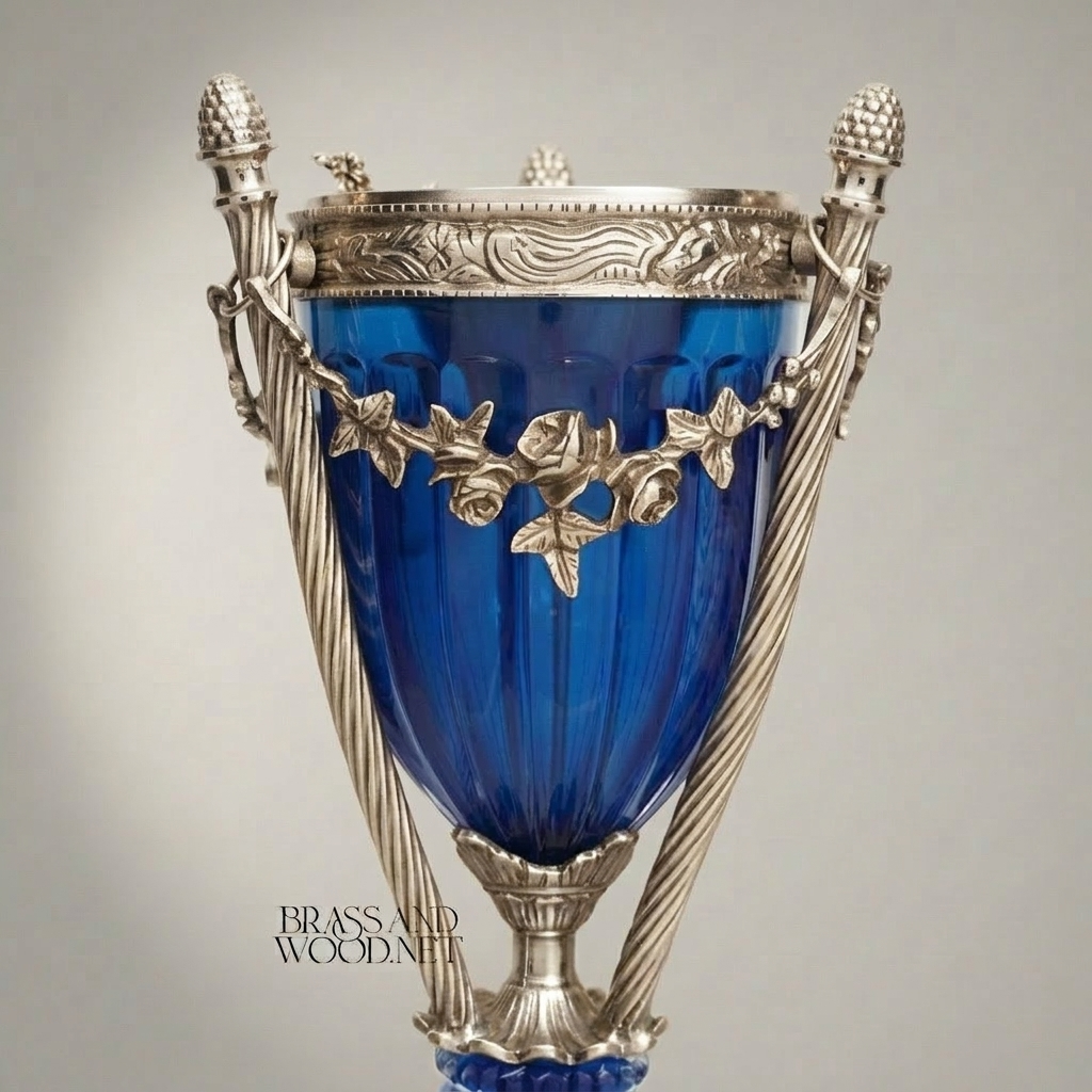 Neoclassical Cobalt Crystal Incense Burner with Foliate Brass Mounts & Tripod Stand — Silver