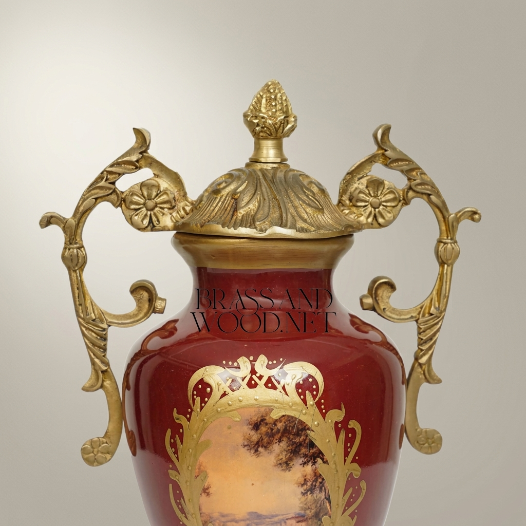 Neoclassical Covered Urn Vase - Wine Ceramic with Scenic Medallion & Ornate Brass Mounts — Antique Gold