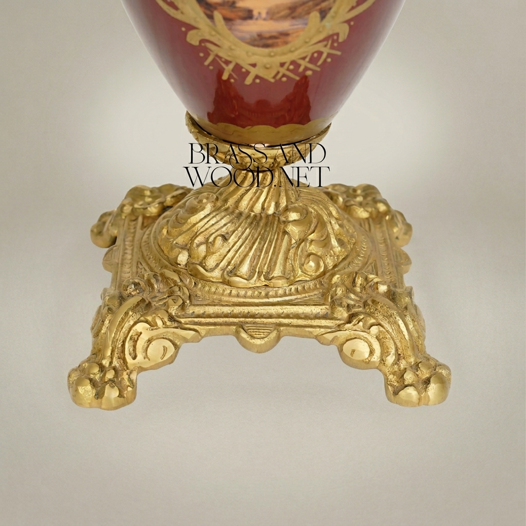 Neoclassical Covered Urn Vase - Wine Ceramic with Scenic Medallion & Ornate Brass Mounts — Antique Gold
