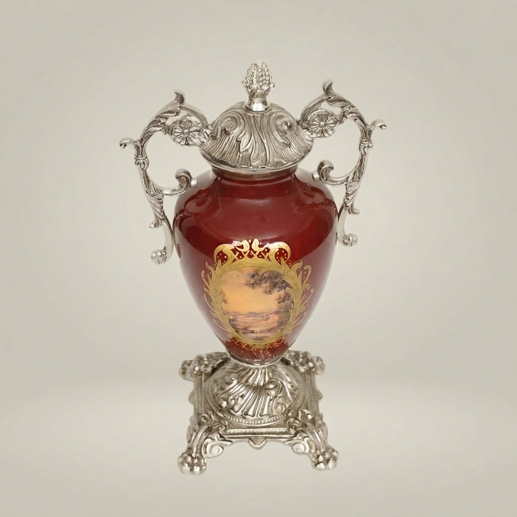 Neoclassical Covered Urn Vase - Wine Ceramic with Scenic Medallion & Ornate Brass Mounts — Silver