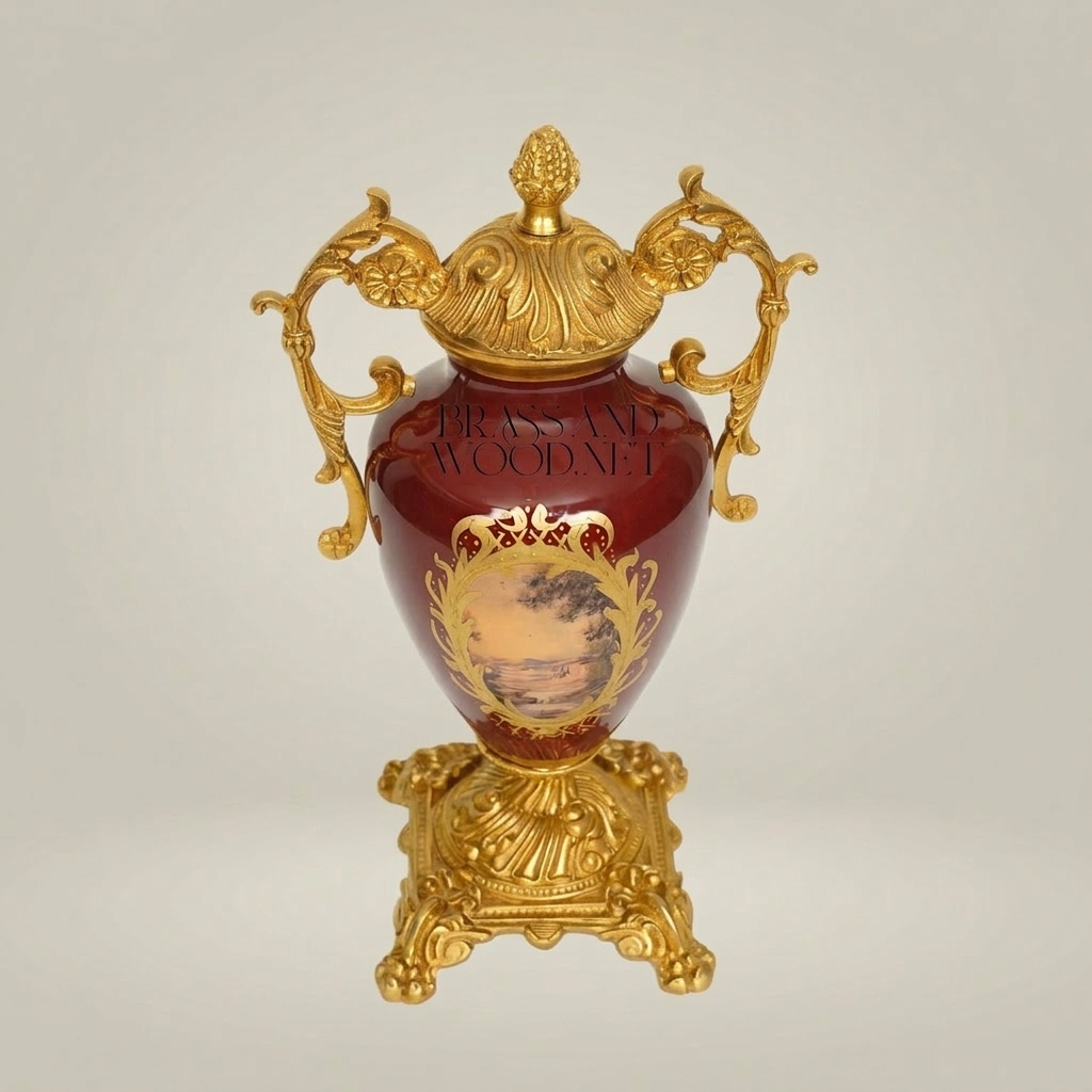 Neoclassical Covered Urn Vase - Wine Ceramic with Scenic Medallion & Ornate Brass Mounts