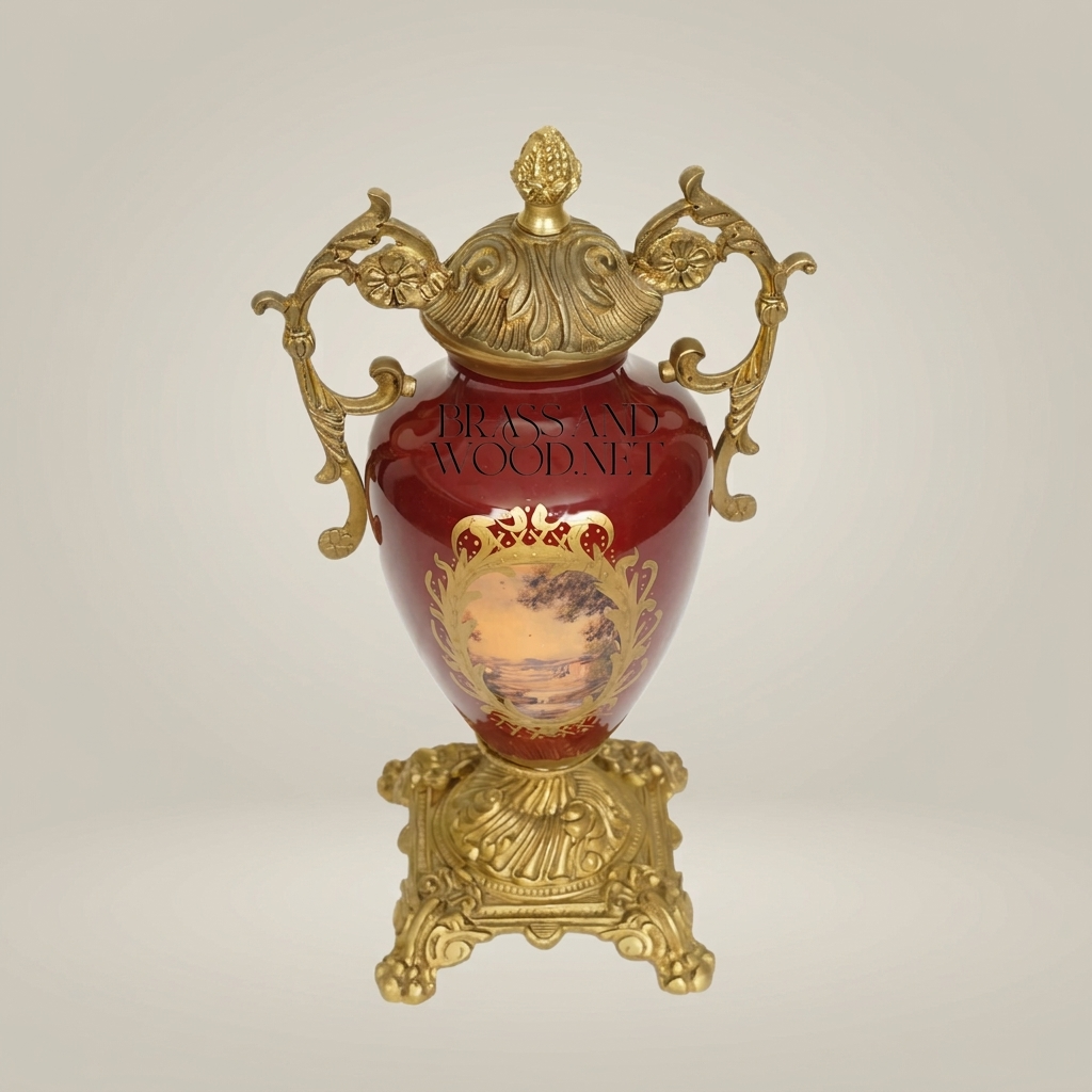 Neoclassical Covered Urn Vase - Wine Ceramic with Scenic Medallion & Ornate Brass Mounts — Antique Gold