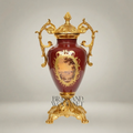 Neoclassical Covered Urn Vase - Wine Ceramic with Scenic Medallion & Ornate Brass Mounts — Gold