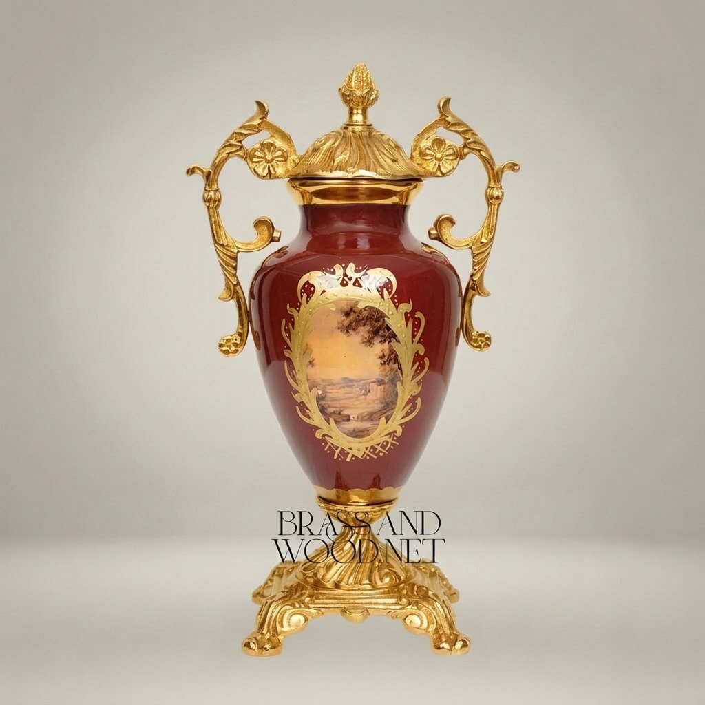 Neoclassical Covered Urn Vase - Wine Ceramic with Scenic Medallion & Ornate Brass Mounts — Gold