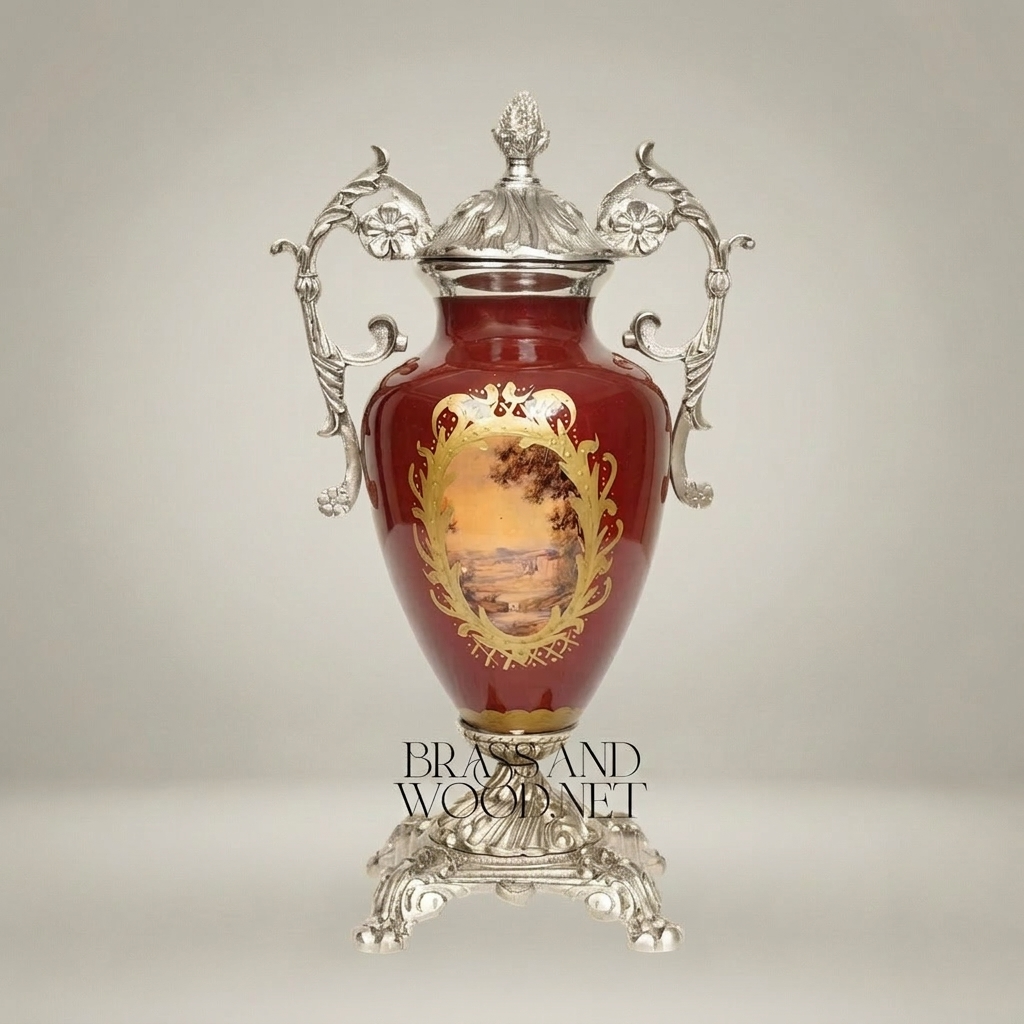 Neoclassical Covered Urn Vase - Wine Ceramic with Scenic Medallion & Ornate Brass Mounts — Silver