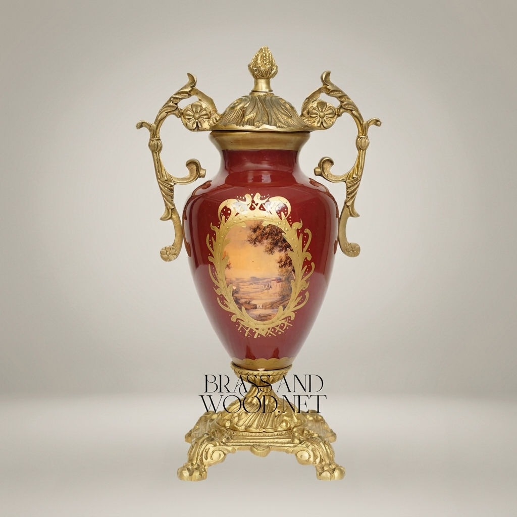 Neoclassical Covered Urn Vase - Wine Ceramic with Scenic Medallion & Ornate Brass Mounts — Antique Gold