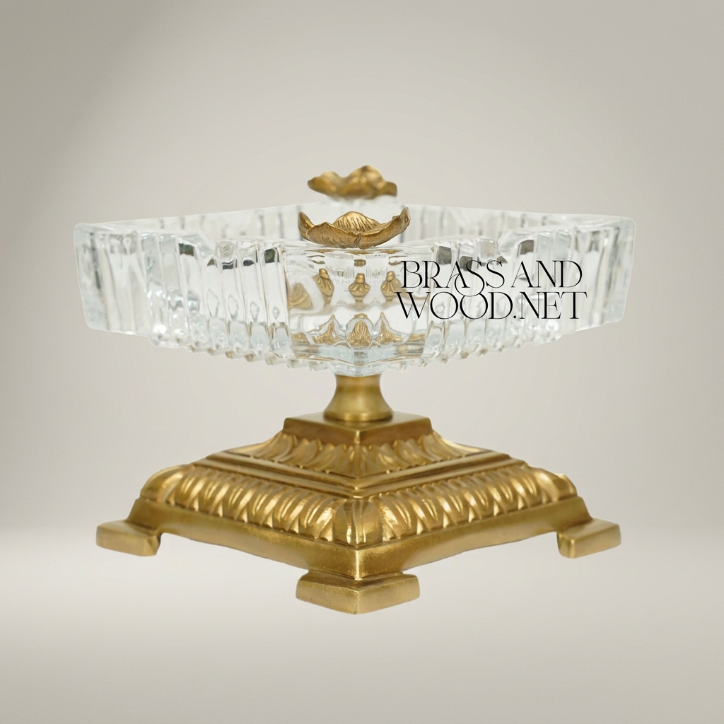 Neoclassical Crystal Ashtray with Floral Brass Base & Butterfly Finials — Antique Gold