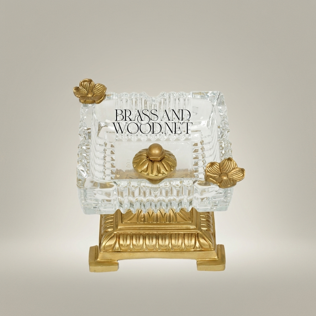 Neoclassical Crystal Ashtray with Floral Brass Base & Butterfly Finials — Antique Gold