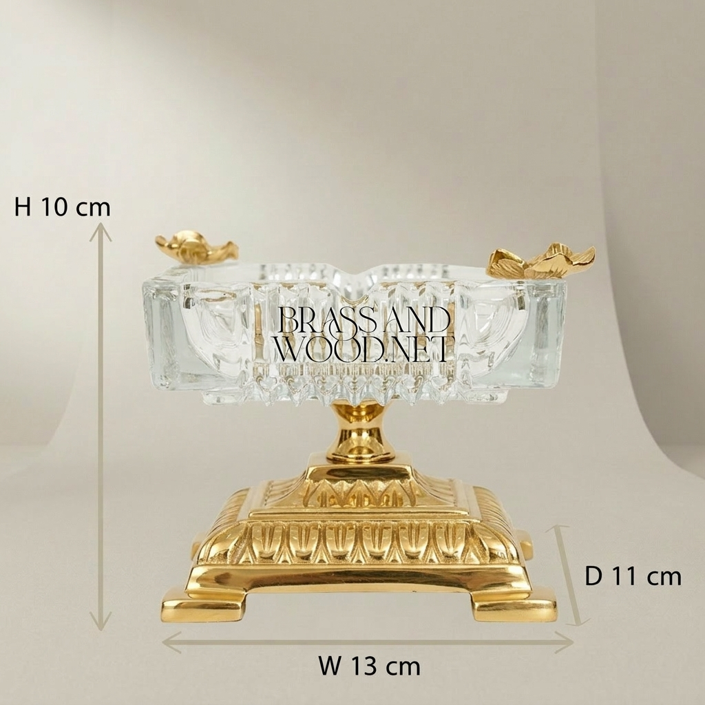 Neoclassical Crystal Ashtray with Floral Brass Base & Butterfly Finials — Gold