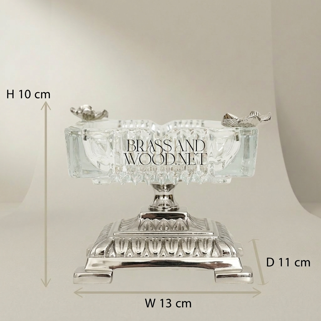 Neoclassical Crystal Ashtray with Floral Brass Base & Butterfly Finials — Silver