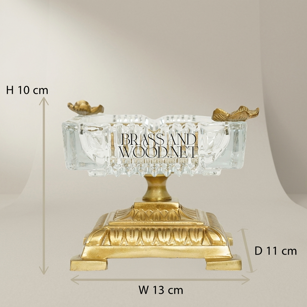 Neoclassical Crystal Ashtray with Floral Brass Base & Butterfly Finials — Antique Gold