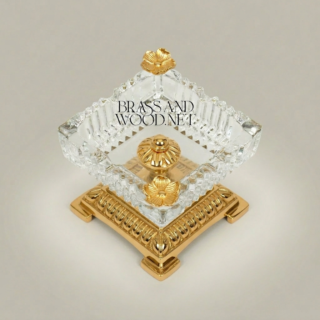 Neoclassical Crystal Ashtray with Floral Brass Base & Butterfly Finials — Gold