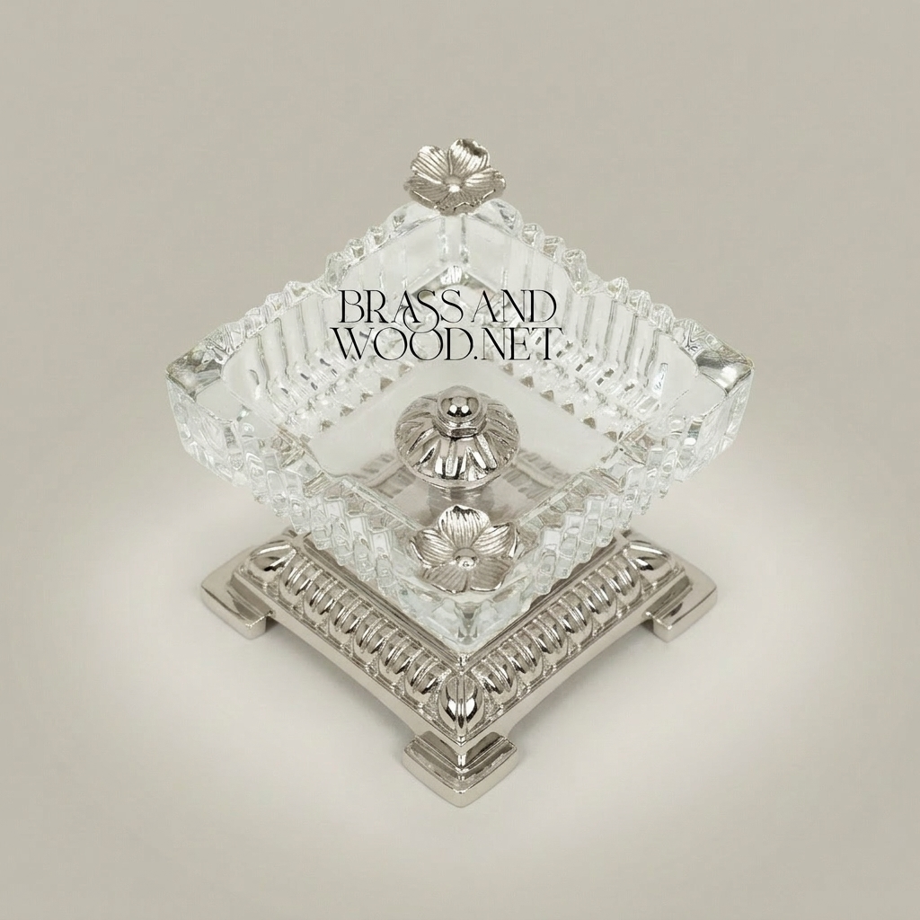 Neoclassical Crystal Ashtray with Floral Brass Base & Butterfly Finials — Silver