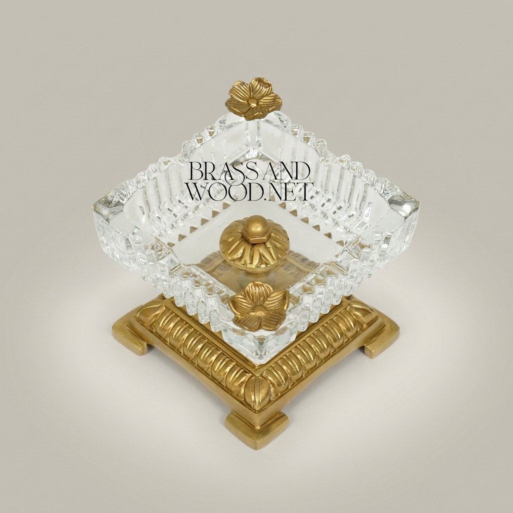 Neoclassical Crystal Ashtray with Floral Brass Base & Butterfly Finials — Antique Gold