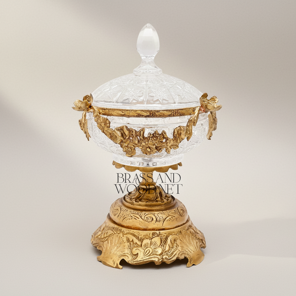 Neoclassical Crystal Bonbonniere with Gilt Floral Brass Garland & Engraved Base