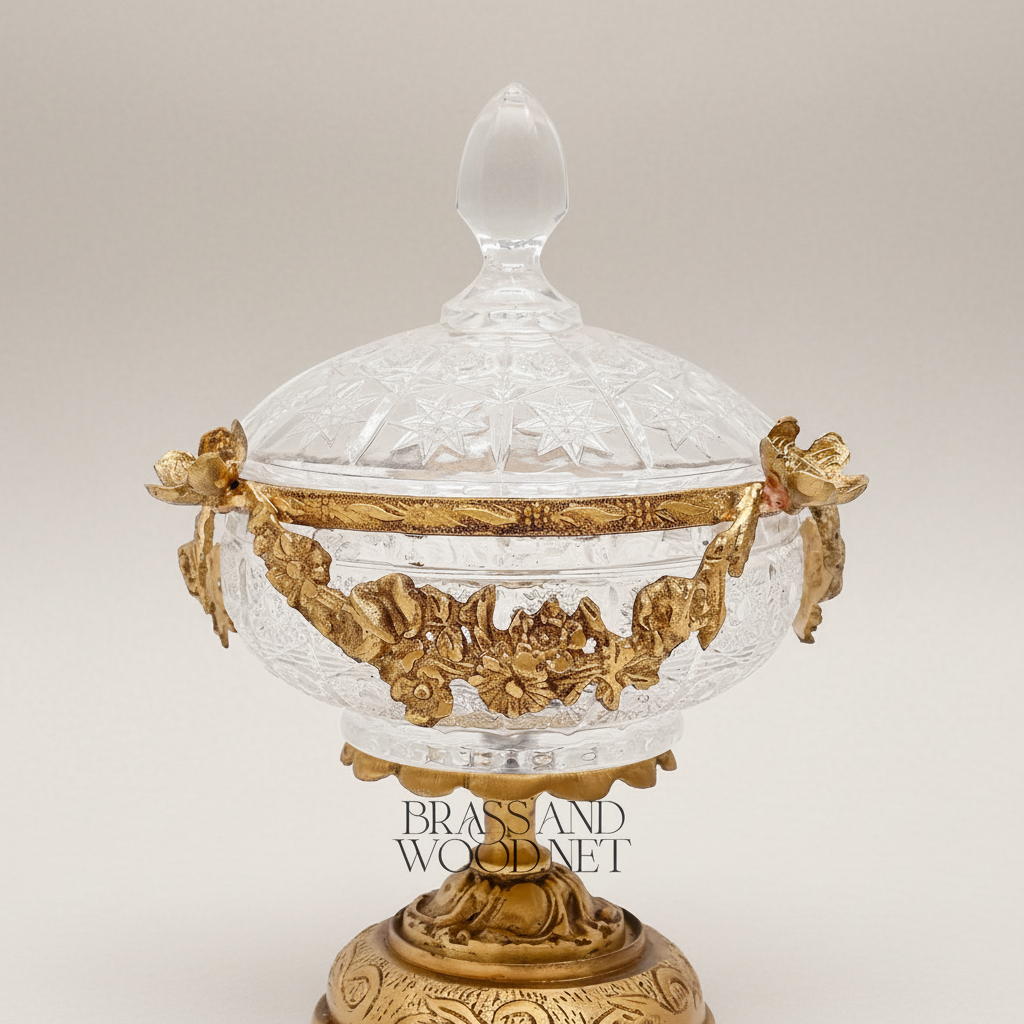 Neoclassical Crystal Bonbonniere with Gilt Floral Brass Garland & Engraved Base — Antique Gold