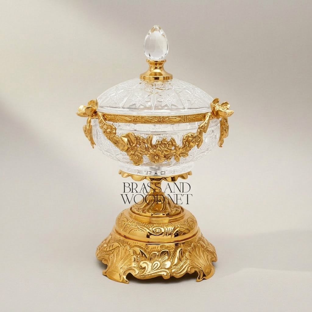 Neoclassical Crystal Bonbonniere with Gilt Floral Brass Garland & Engraved Base — Gold