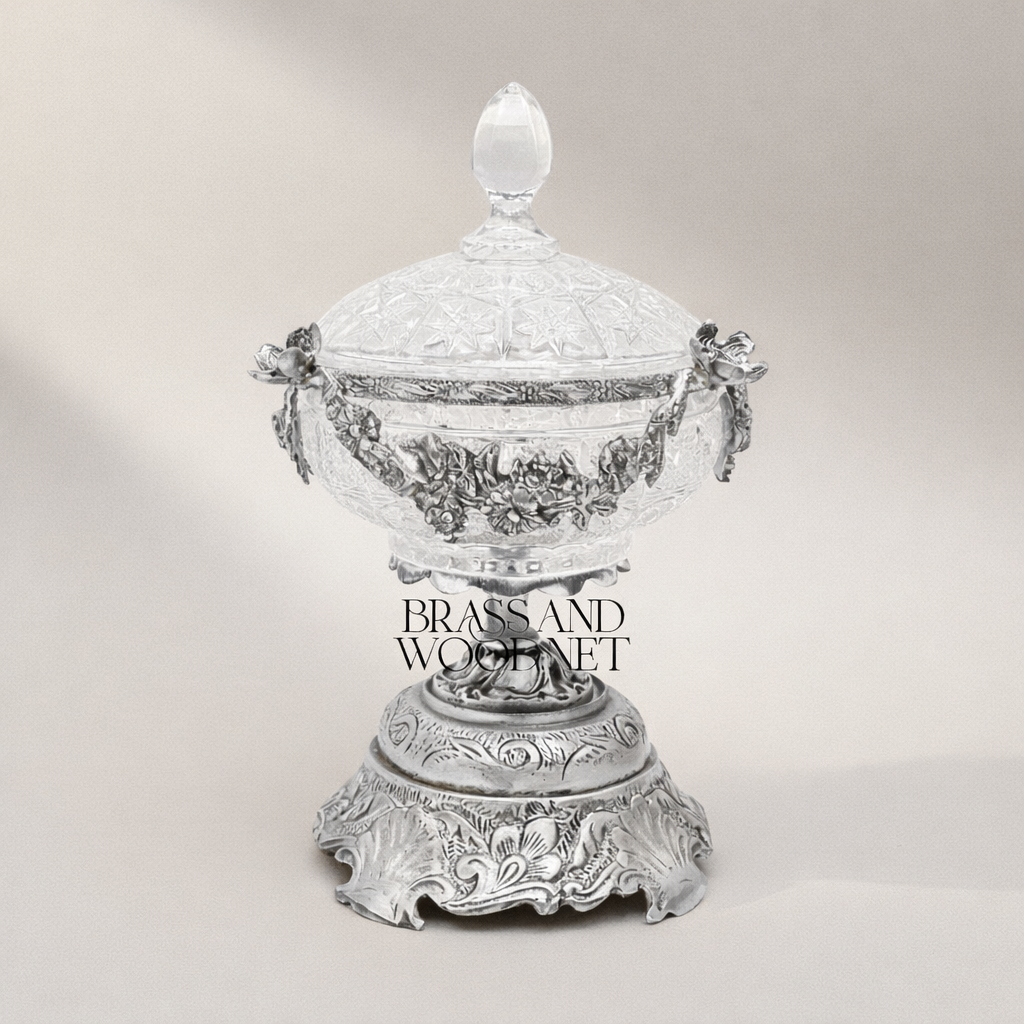 Neoclassical Crystal Bonbonniere with Gilt Floral Brass Garland & Engraved Base — Silver