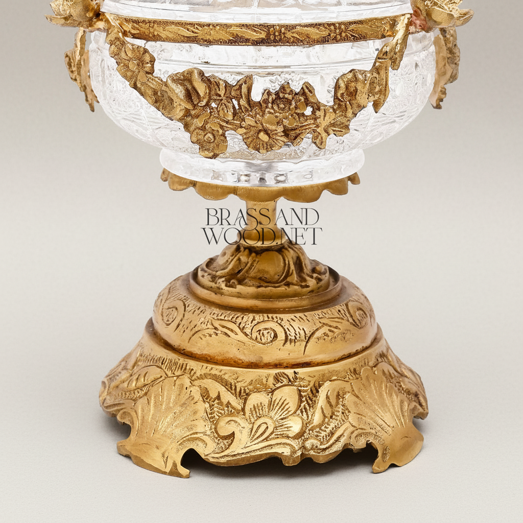 Neoclassical Crystal Bonbonniere with Gilt Floral Brass Garland & Engraved Base — Antique Gold