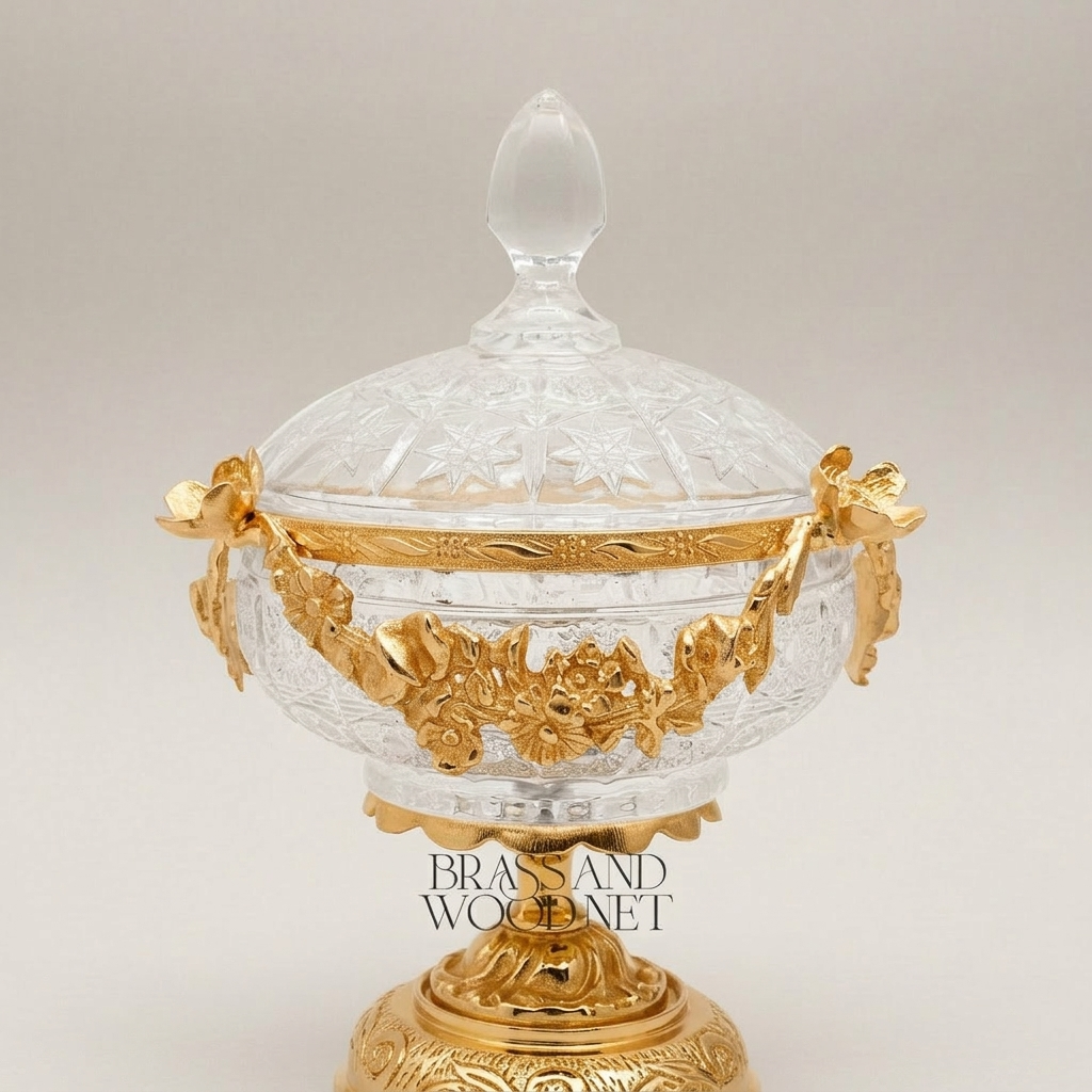 Neoclassical Crystal Bonbonniere with Gilt Floral Brass Garland & Engraved Base — Gold