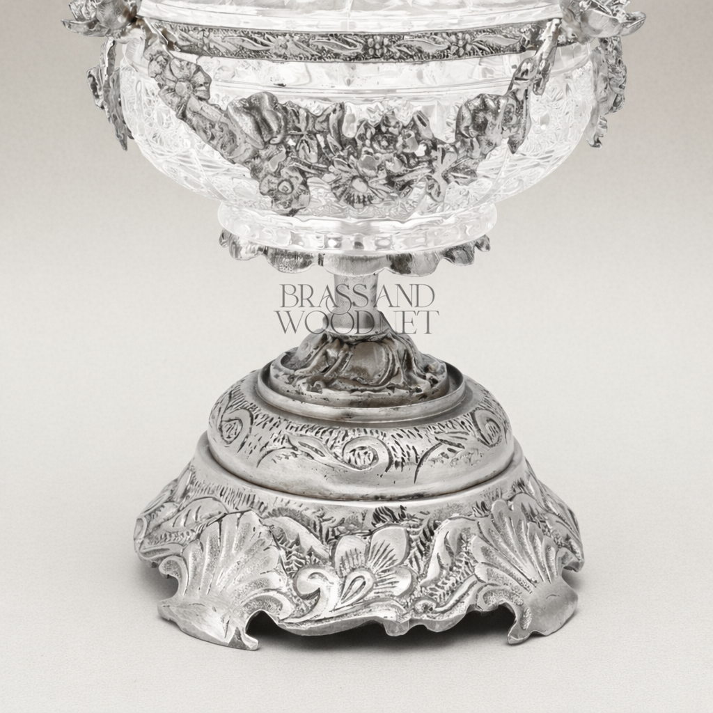 Neoclassical Crystal Bonbonniere with Gilt Floral Brass Garland & Engraved Base — Silver