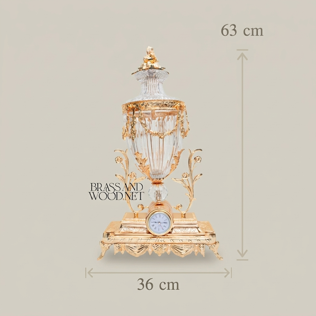 Neoclassical Crystal & Brass 3-Piece Clock Garniture Set with Swag-Draped Lidded Urns
