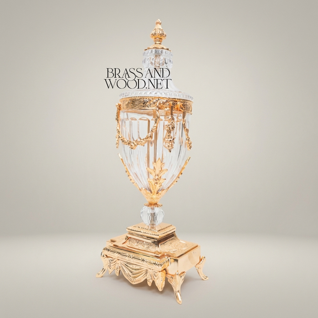 Neoclassical Crystal & Brass 3-Piece Clock Garniture Set with Swag-Draped Lidded Urns — Gold
