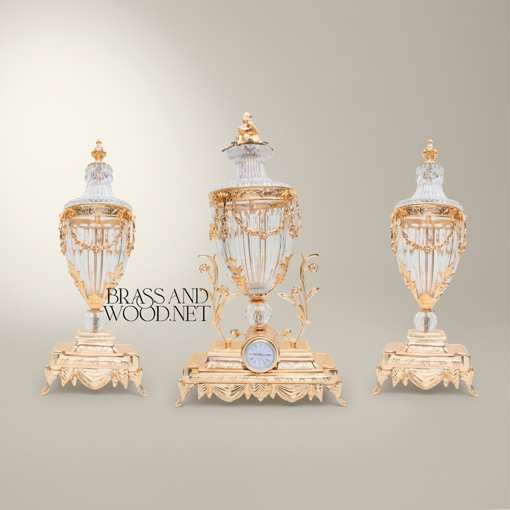 Neoclassical Crystal & Brass 3-Piece Clock Garniture Set with Swag-Draped Lidded Urns — Gold