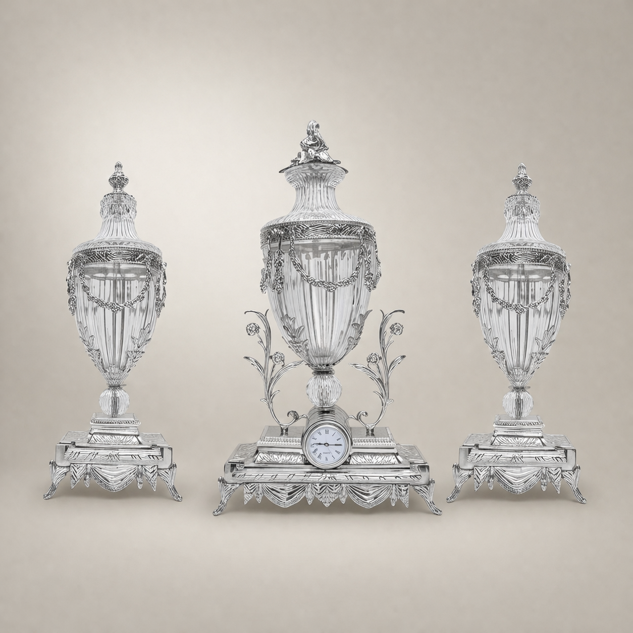 Neoclassical Crystal & Brass 3-Piece Clock Garniture Set with Swag-Draped Lidded Urns — Silver
