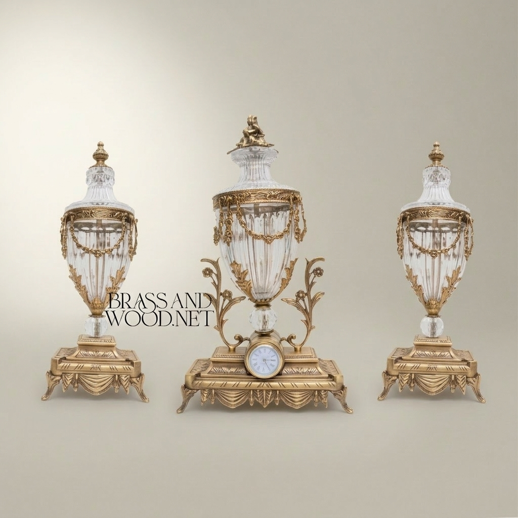 Neoclassical Crystal & Brass 3-Piece Clock Garniture Set with Swag-Draped Lidded Urns — Antique Gold