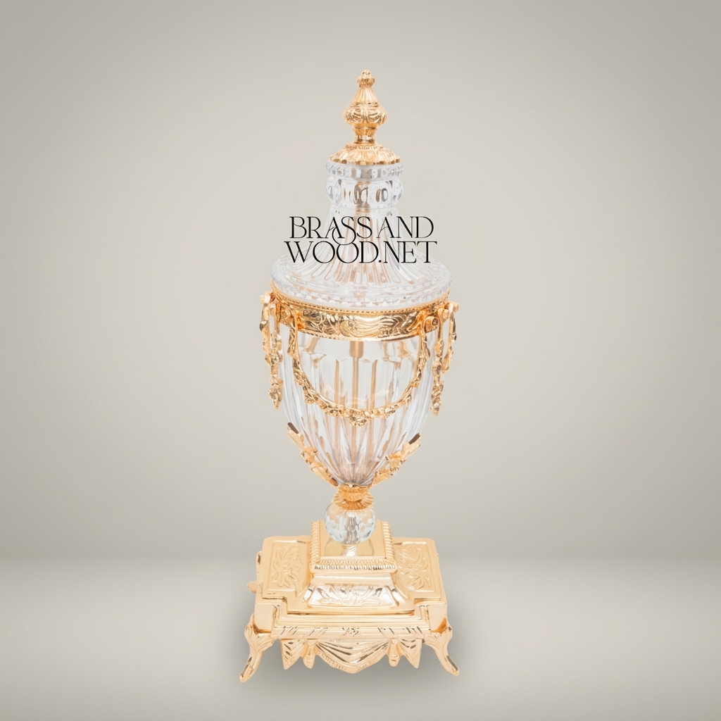 Neoclassical Crystal & Brass 3-Piece Clock Garniture Set with Swag-Draped Lidded Urns