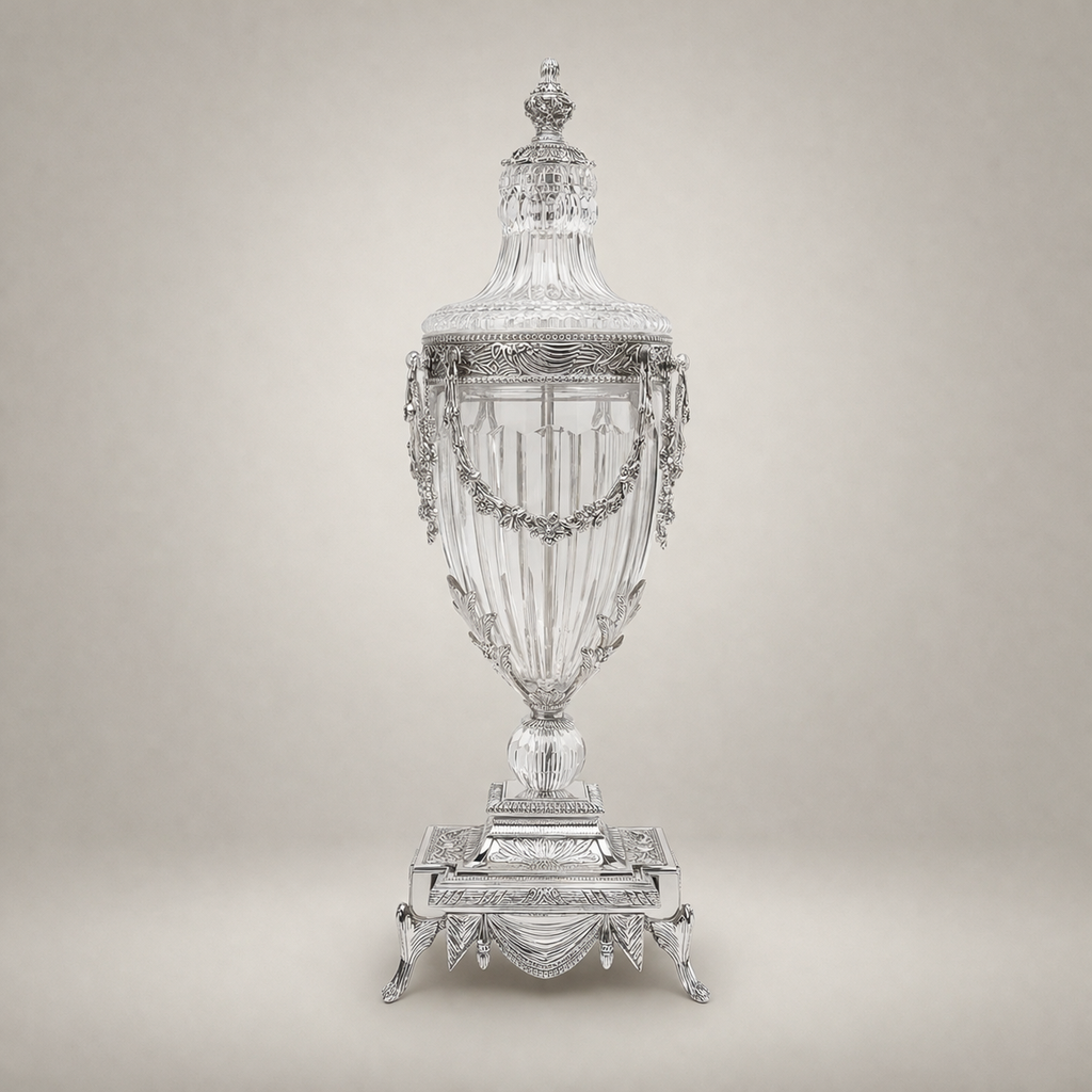Neoclassical Crystal & Brass 3-Piece Clock Garniture Set with Swag-Draped Lidded Urns — Silver