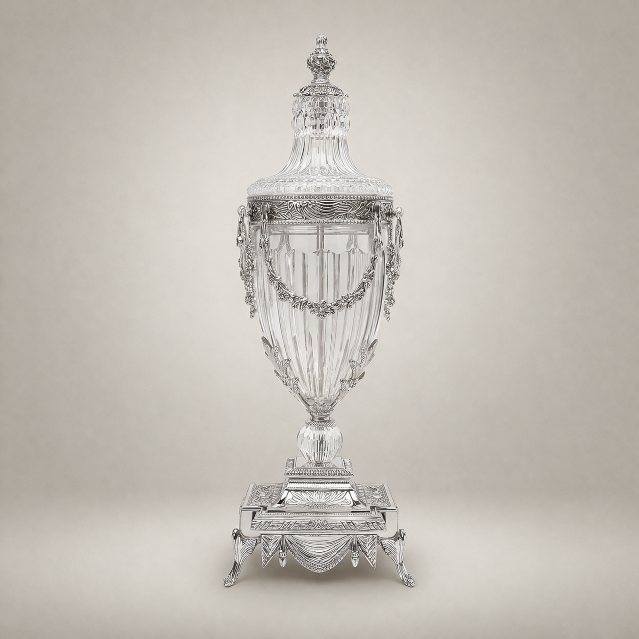 Neoclassical Crystal & Brass 3-Piece Clock Garniture Set with Swag-Draped Lidded Urns — Silver