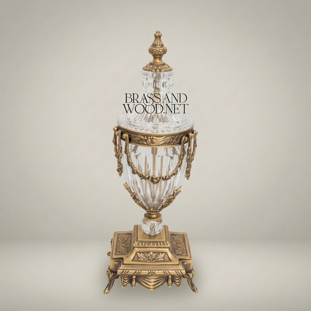 Neoclassical Crystal & Brass 3-Piece Clock Garniture Set with Swag-Draped Lidded Urns — Antique Gold