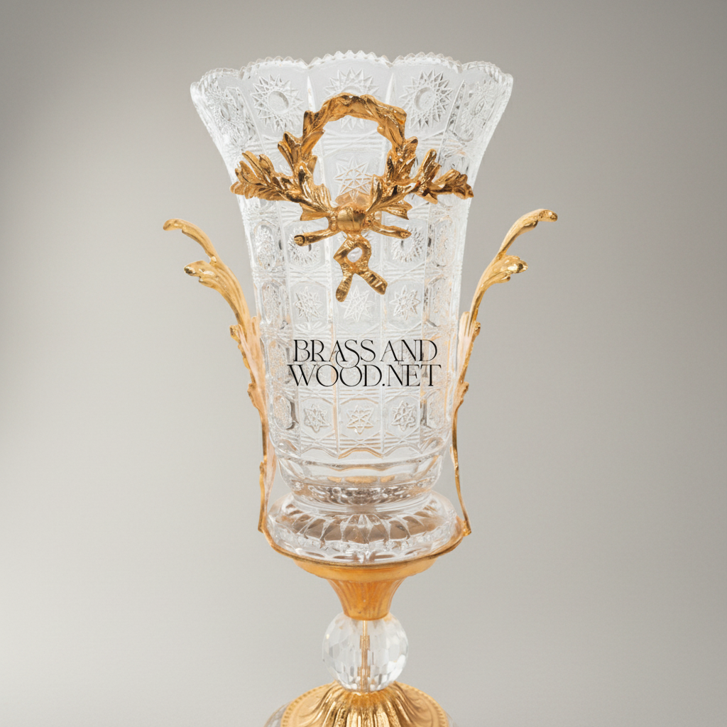 Neoclassical Crystal & Brass 3-Piece Vase Set with Laurel Wreath Mounts