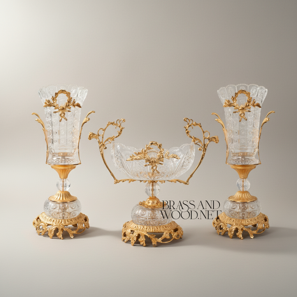 Neoclassical Crystal & Brass 3-Piece Vase Set with Laurel Wreath Mounts