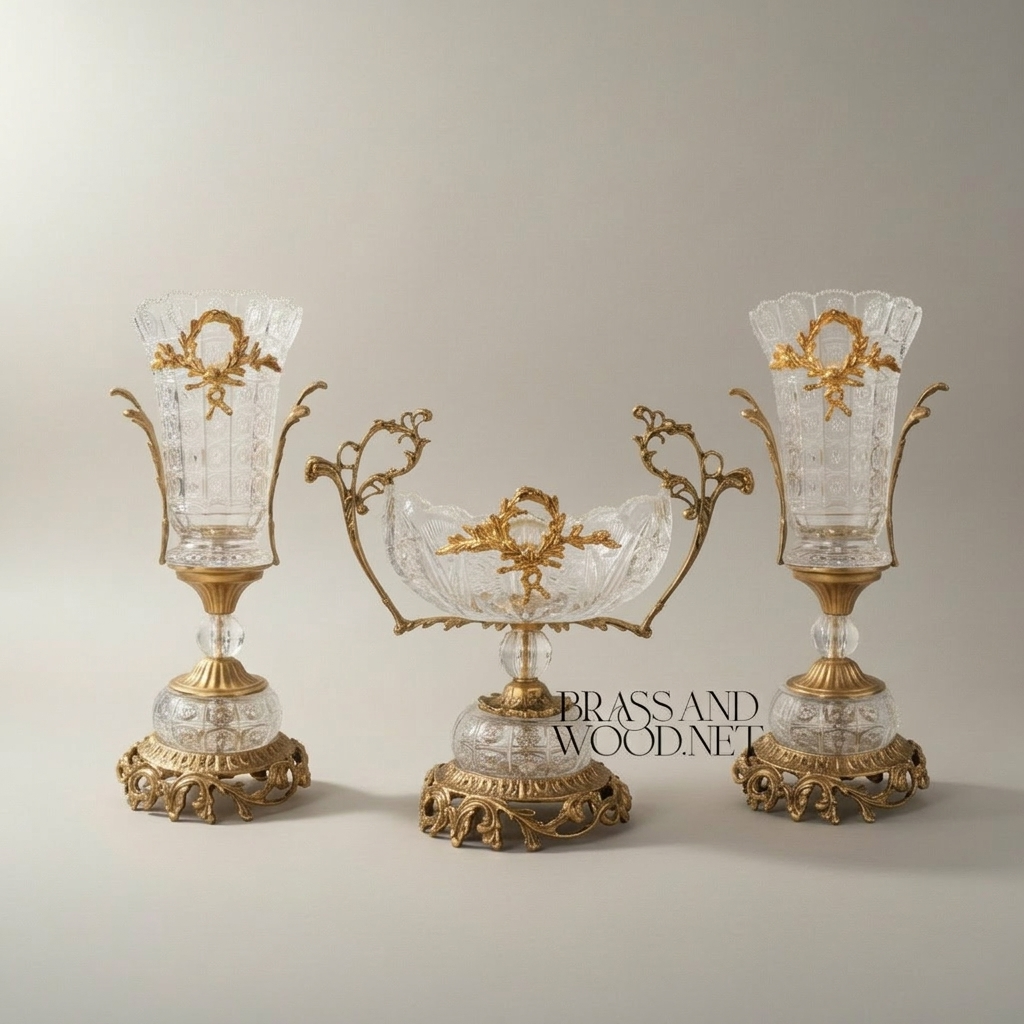 Neoclassical Crystal & Brass 3-Piece Vase Set with Laurel Wreath Mounts — Antique Gold