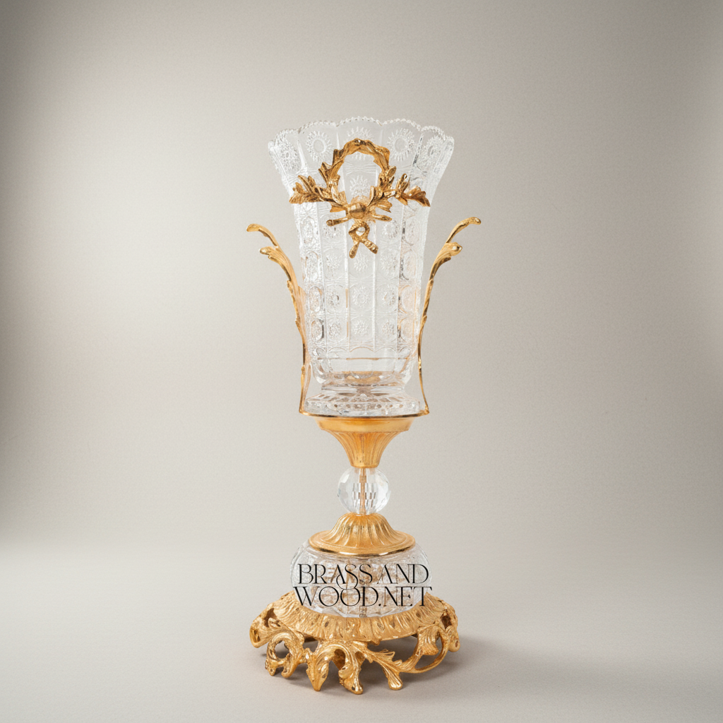 Neoclassical Crystal & Brass 3-Piece Vase Set with Laurel Wreath Mounts
