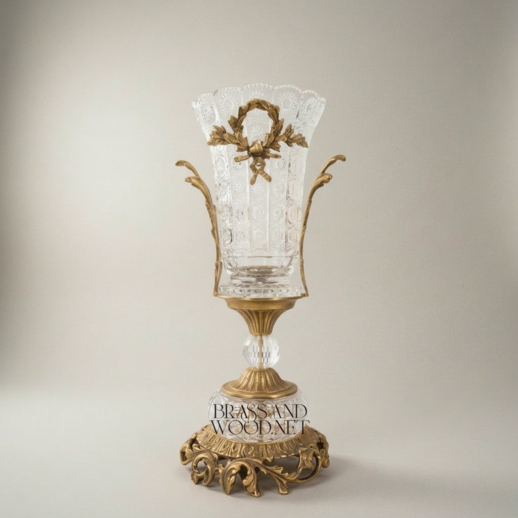 Neoclassical Crystal & Brass 3-Piece Vase Set with Laurel Wreath Mounts — Antique Gold