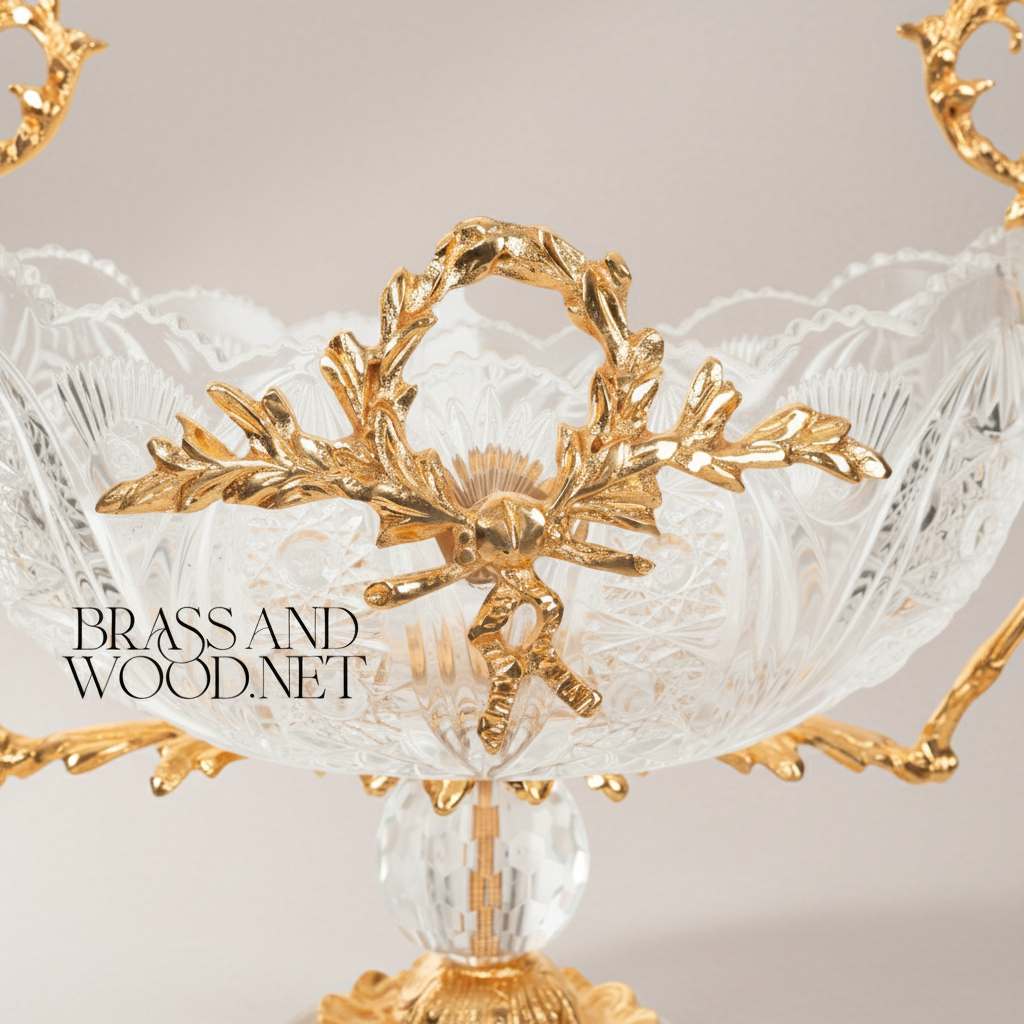 Neoclassical Crystal & Brass 3-Piece Vase Set with Laurel Wreath Mounts